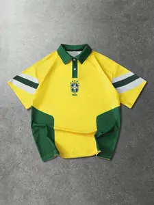1pc Men's Brazil Football Style Polo Shirt Yellow & Green Patchwork Short Sleeve Breathable Stylish Jersey Soccer Polo Retro Blockcore Streetwear Athletic Top