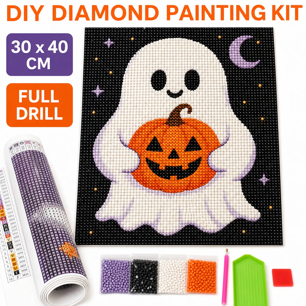 DIY Halloween Crafting Kit - Full Drill Diamond Art Smiling Ghost with Pumpkin, Unframed 30x40cm Canvas, Art Supplies for All Skill Levels & Ghost Enthusiasts