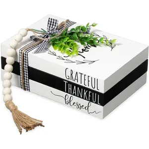 3 count Decorative Books for Home Decor Farmhouse Faux Stacked Books Wooden Rustic Decorative Books with Bead Garland Twine Ribbon Faux Leaf for Table(Classic)