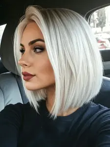Omber Platinum White Lace Front Wig 13x3 HD Lace Front Wig Omber Platinum White with Dark Root Bob Straight Wig Synthetic Lace Front Wig Natural Hairline Straight Synthetic Wig for WomenDaily Wear Holiday Party Use, Glueless Lace Wigs