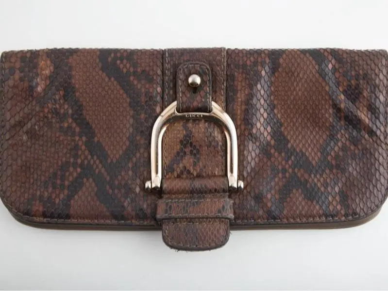 Pre-owned GUCCI Snakeskin Clutches & Wristlets Cognac Taupe Black Leather Horsebit Evening Clutch