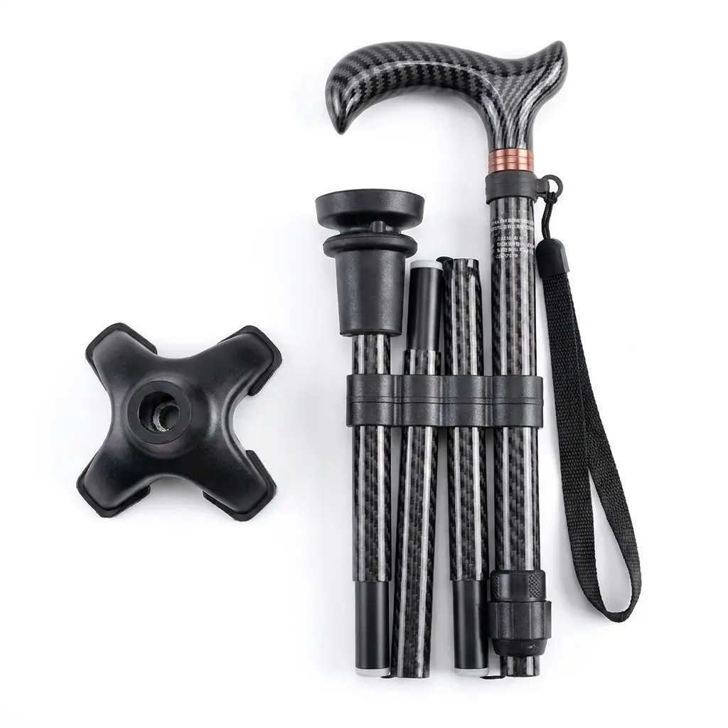 Carbon Fiber Foldable Quad Cane, Heavy Duty 300LB Walking Stick with 4-Prong Base, Adjustable Height, Self-Standing Mobility Aid for Seniors Men Women