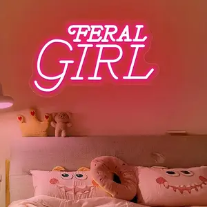 Feral Girl Neon Letter Sign, USB Plug Powered LED Luminous Wall Hanging Neon Light, Decorative Light for Girls Bedroom, Party Gathering, Tea Party