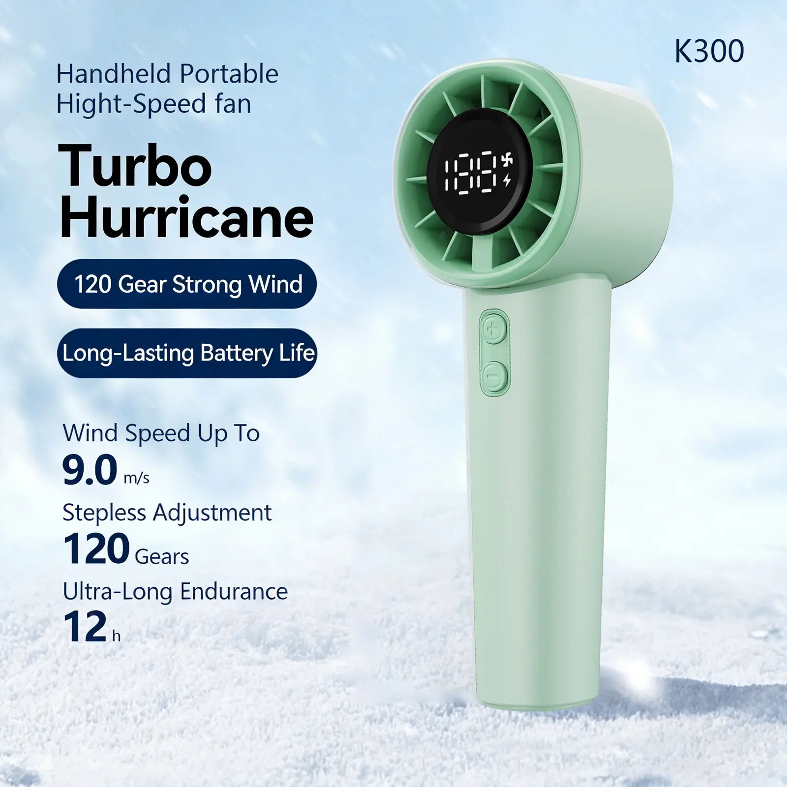 Handheld Portable High-Speed Fan K300, 120-Speed Turbo, LED Display, USB-C Rechargeable, 13000 Rpm, 12h Battery Life, Travel Cooling