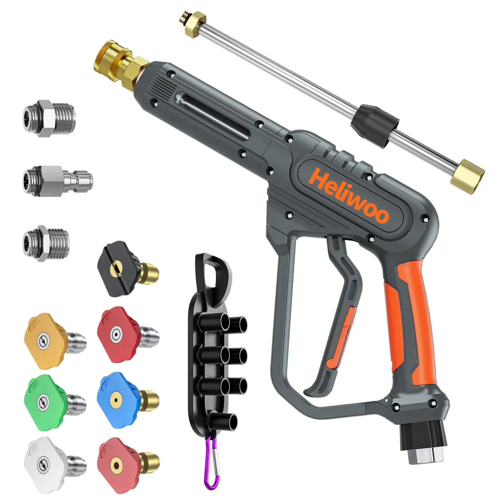 Heliwoo 3600 PSI Pressure Washer Gun - 5.5 GPM High Pressure Tool, M22 14mm&15mm Fittings, 3/8" Male NPT Plug, 360-Degree Swivel Design, 7 Nozzles, 1 Extension Lance - Replacement Wand for Car Owners, Windows
