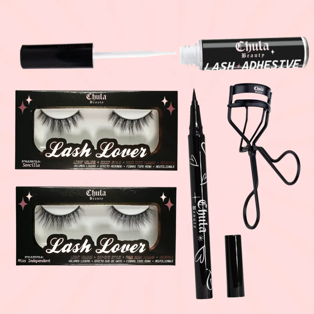 5 Piece Bundle - Lash Lover: Short Eyeglasses-safe Natural Lashes, Waterproof Black Eyeliner, Eyelash Curler & Lash Glue - Chula Beauty $62 Value Set for Natural Lash Lover Look