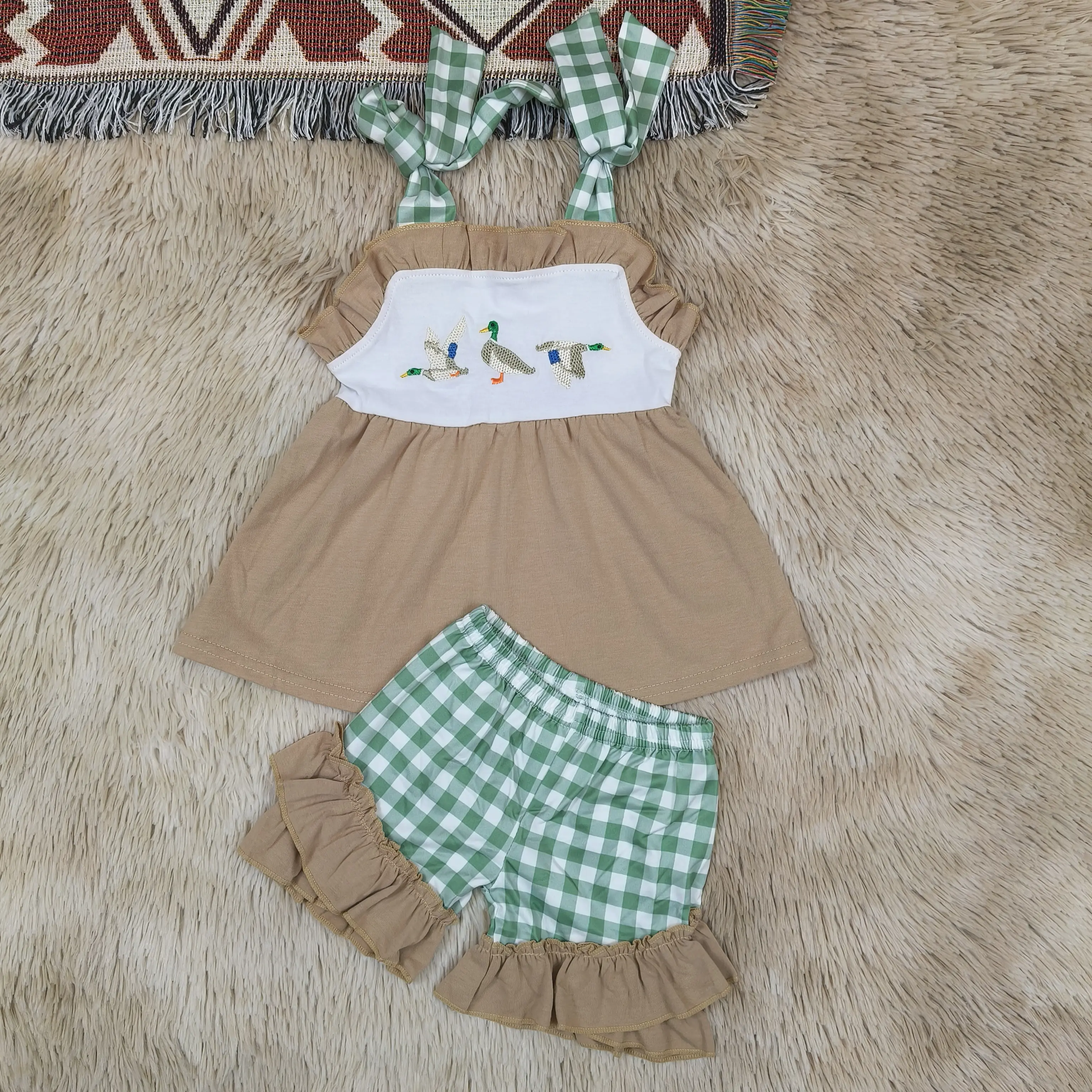 Girls' 2-Piece Plaid Tunic & Ruffle Shorts Casual Outfit Set - Sleeveless, Crew Neck, Checkered Straps, Playful Duck Embroidery for Summer (3-6m, 5-6t), 2T, 3T