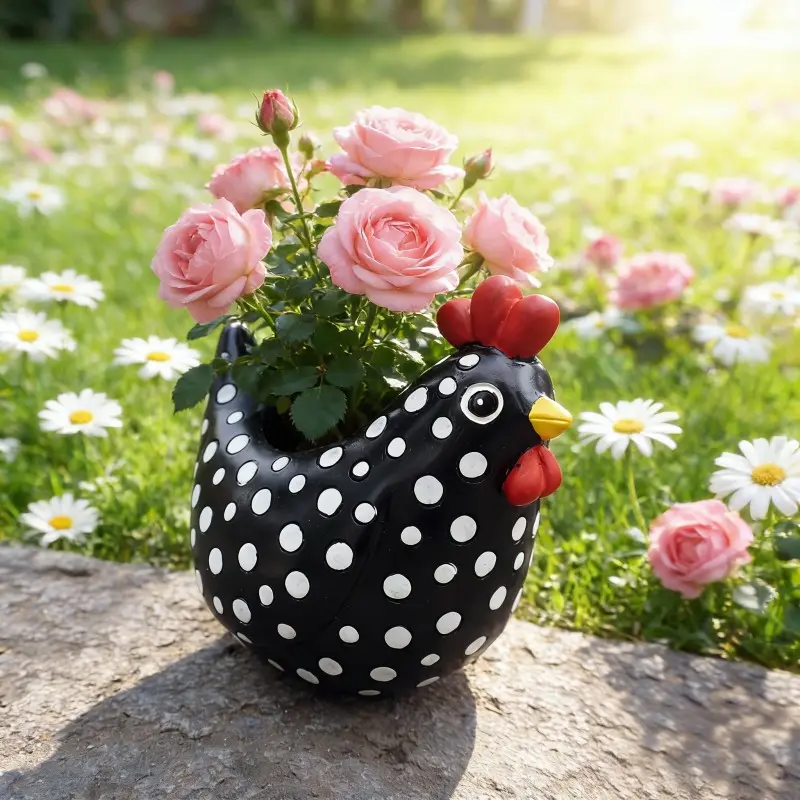 1pc Animal Flower Pots | Resin Flower Succulent Pot, Decorative Garden Pots, Chicken Ornaments Yard Art, Free Range Black and White Chickens Rooster planter, Garden Pot