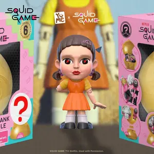 1PC Netflix Officially Licensed Squid Game Mystery Blind Box Capsule - Collectible Figurine Piggy Bank Includes 6 Characters Young-Hee Masked Manager Front Man Random 1 Random Figure per Box Perfect Gift for Fans Family Kids Collectors
