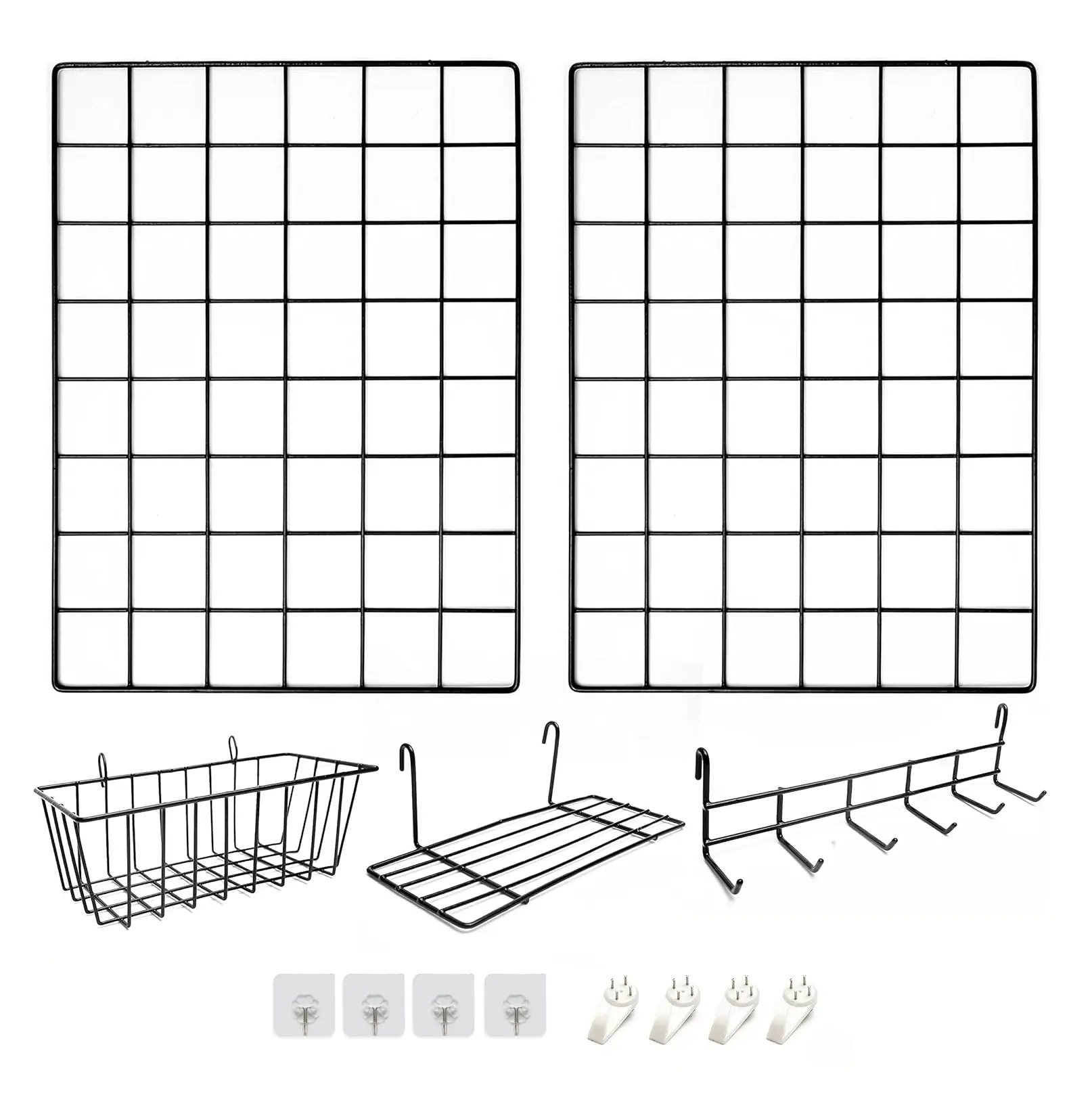 Black & White Metal Wall Grid Shelf Organizer Set - Kitchen Cutlery & Tableware Storage Racks with Hanging Basket, Hook Rack, Shelves for Home Office, Office Decor