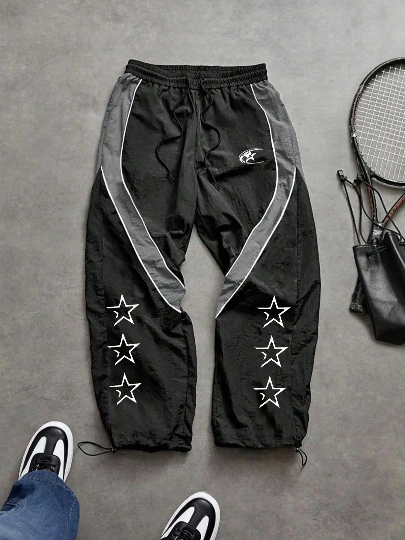 Men's Fashion Letter Print Pants, Taslon Fabric, Colorblock Stripes, Casual Sport Long Pants, Ideal for Daily Wear, Outdoor Hiking, Activewear, Athletic, Casual Sport Trousers