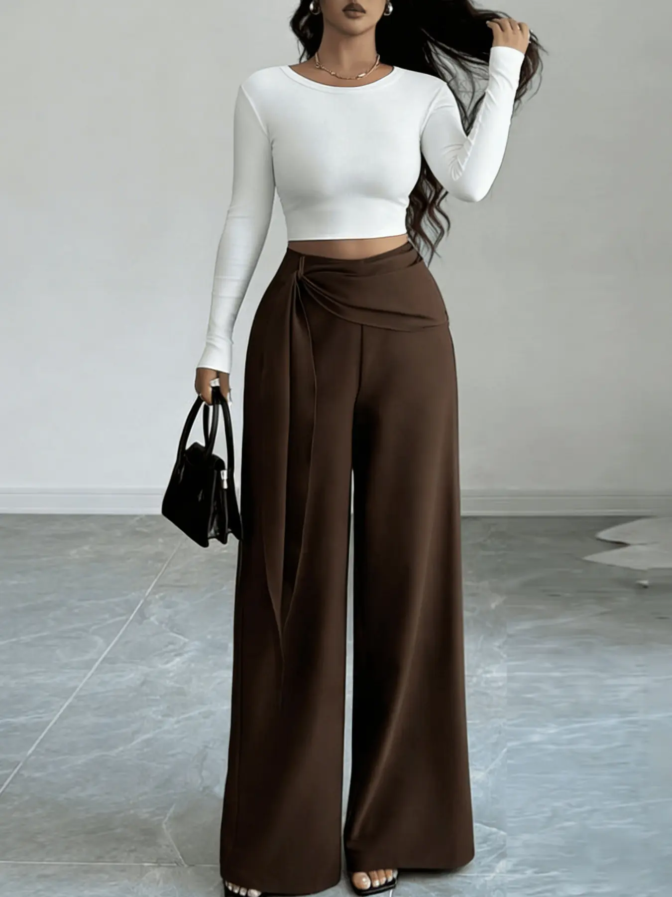 A women's fashionable new style high-waisted wide-leg asymmetrical Twist knot breathable pants, suitable for summer, daily casual wear, commuting, and dates or gatherings.