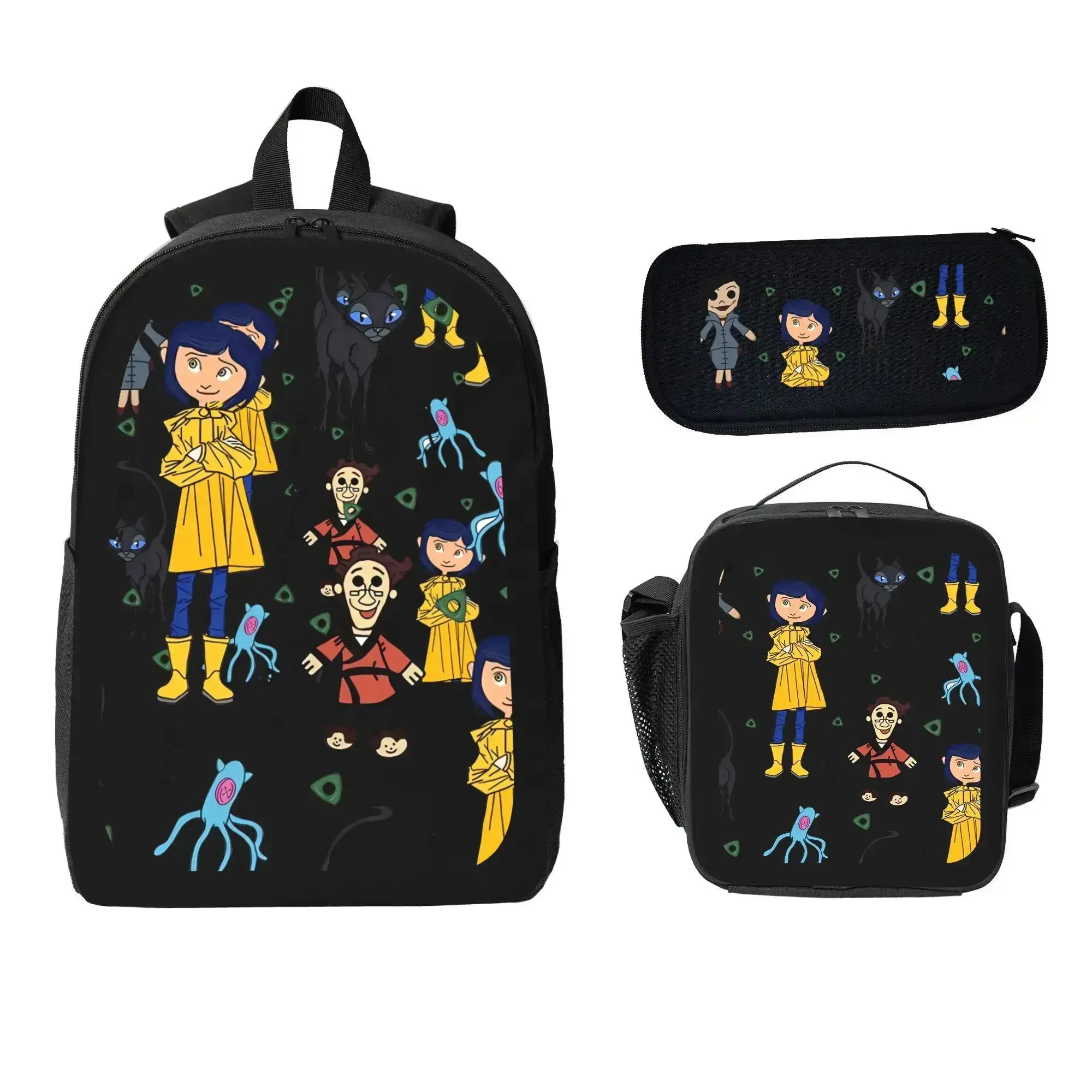 Animated Coraline Movie Kids School Backpack Set with Lunch Bag, Pencil Bag - Backpacks for School, Ideal Gift for Boys Girls, Kids Backpack