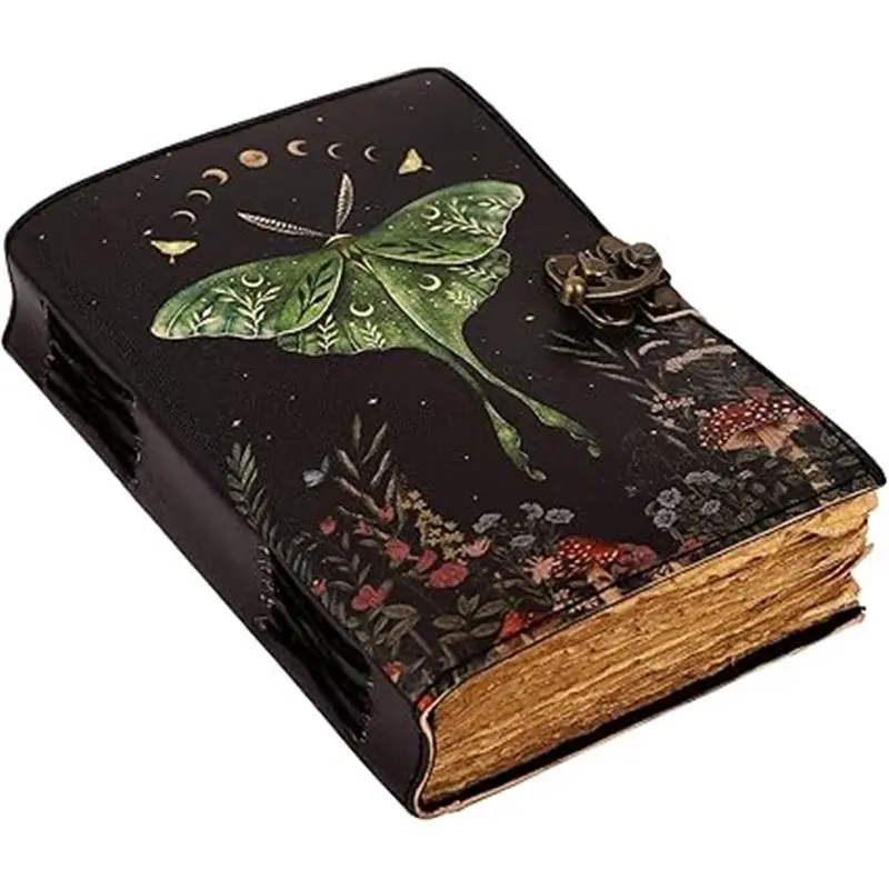 Blank Spell Book Journal, Vintage Leather Book Journal with Lock Clasp, Black Binding, 200 Pages, Embossed Designs, Wiccan Decor & Morpho Butterfly Print, Vintage Leather Journal