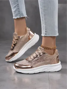 Women's Rose Gold/Silver Shiny Sneakers, Glitter Breathable Elevated Casual Shoes, Sports Shoes