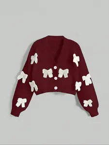 Women's V Neck Bow Knit Cardigan Button Coat, Casual Cute Sweater Top for Fall Winter, Plain Color Fashion Outerwear Knitwear