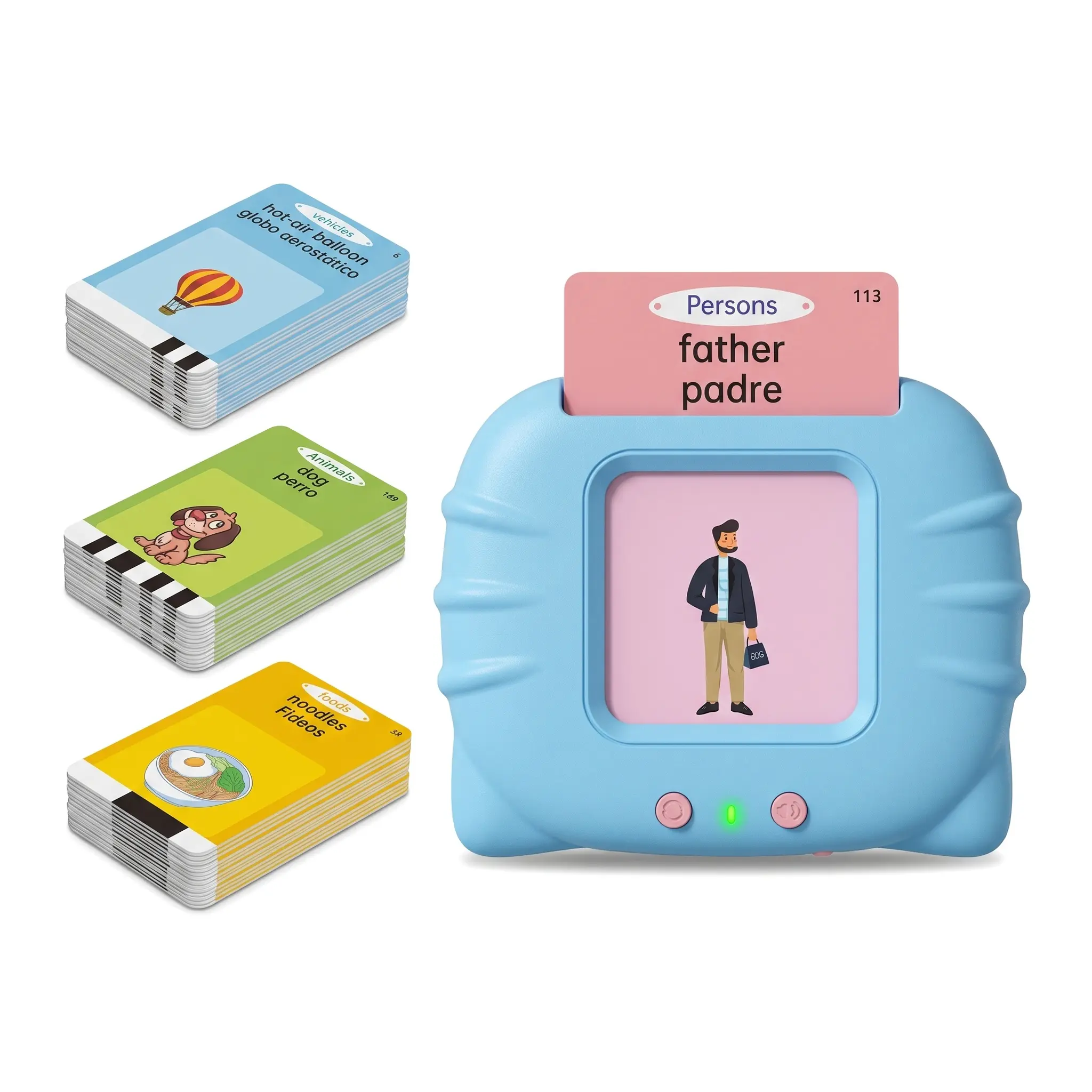 Kids' Bilingual Learning Card Machine - Spanish-English Educational Toy, Rechargeable Insert Card Reader with ABS, Early Years Immersive Auditory Learning, Eye-Friendly Technology, Cognitive Flashcards (Animals, Vehicles, Foods), Blue & Pink Options