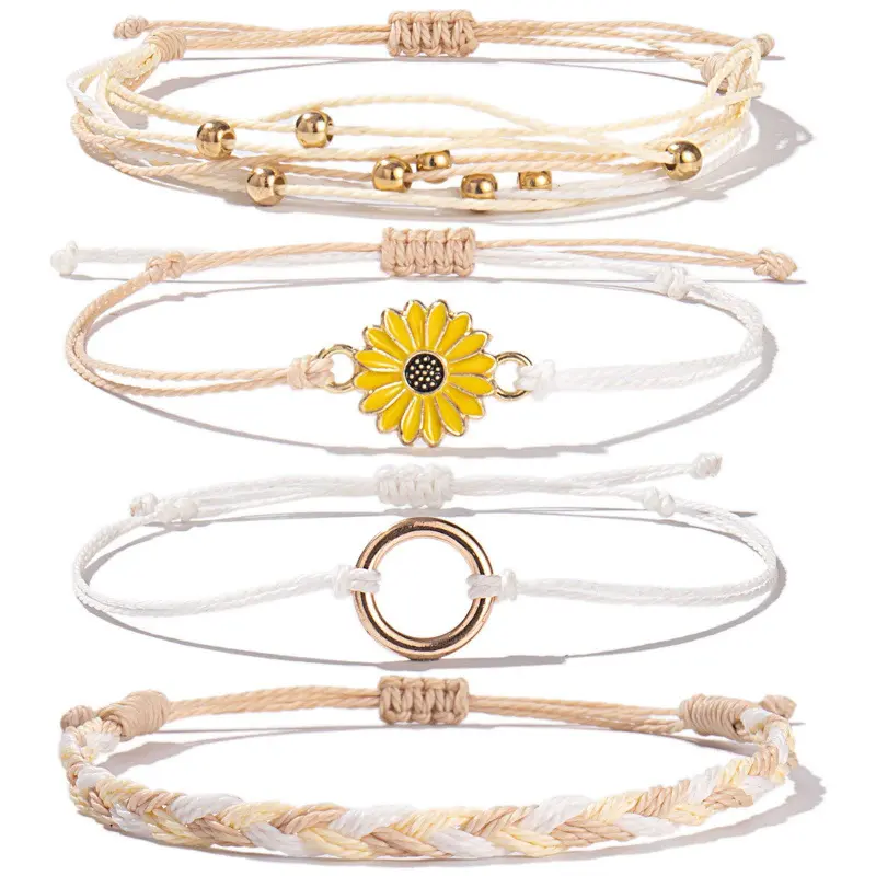 4 Pcs Sunflower Braided Friendship Bracelets Set, Waterproof Wax Cord Adjustable String Bracelets with Gold Bead & Hollow Circle Charm, Boho Surf Stackable Wrist Jewelry Gift for Women Teen Girls
