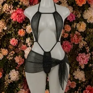 Backless 2pc Mesh See Through Set - Black Top for Women's Clothes Lingerie Comfort brief set Lusty Lace Corset Sexy Two-Piece Matching Womenswear
