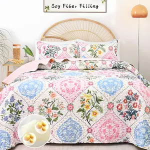 King Size Floral Bedding Set, 3 Piece Lightweight Soft Breathable Quilted Bedspreads Coverlet Sets Summer Comforter with 2 Pillow Shams for All Season (Pink, 96'' x 106'')