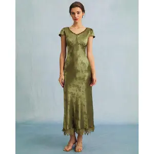 The Green Jacquard Cap Sleeve Satin Midi Dress