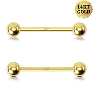 Oufer 2Pcs 14K Gold 14G Nipple Ring Solid Ball Nipple Piercing Barbell