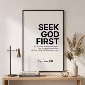 Seek God First Inspirational Matthew 633 Bible Verse Canvas Print Poster Decor, Christian Wall Decor, Faith-Based Decor, Bible Verse Art, Decor For Home Kitchen Bedroom