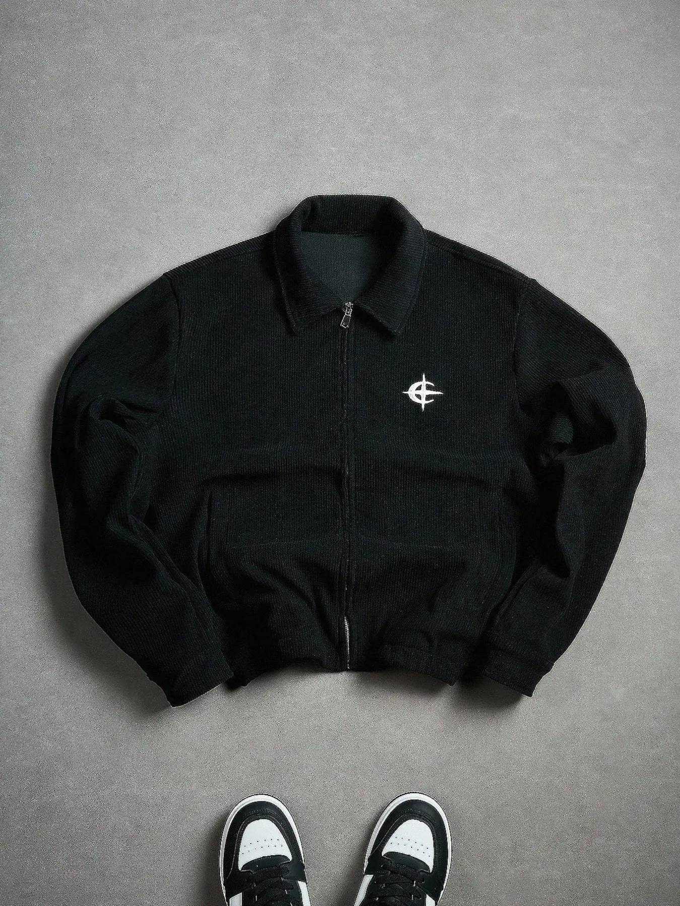 Men's Black Corduroy Zip-Up Harrington Jacket Long Sleeve - Embroidered Logo Casual Streetwear Jackets Coat