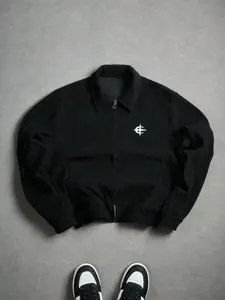 Men's Black Corduroy Zip-Up Harrington Jacket Long Sleeve - Embroidered Logo Casual Streetwear Coat