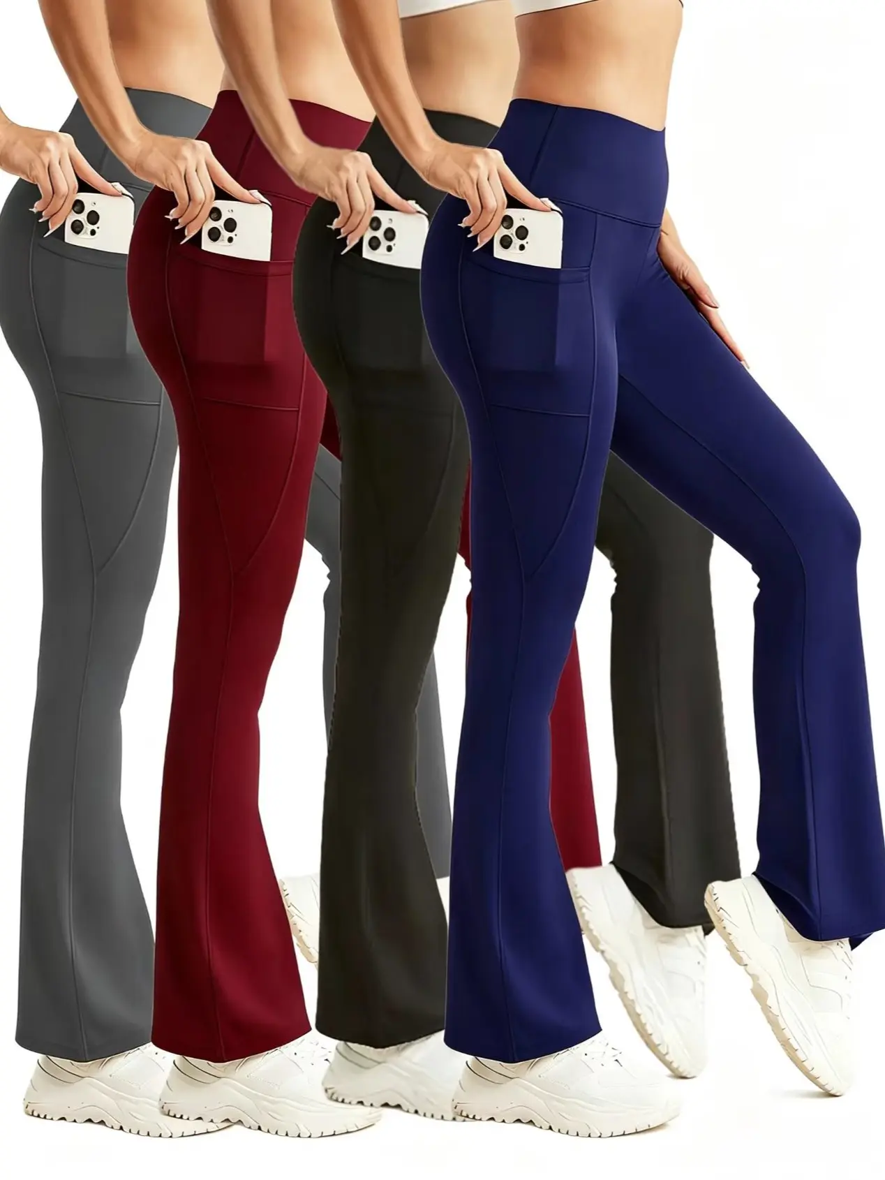 4-pack women’s fitted leggings with pockets, stretchy flared leggings, casual fashionable base layer for outerwear