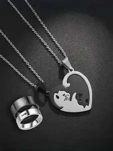 Cat-Themed Stainless Steel Jewelry Set for Women & Men, Includes Necklace, Ring & Bracelet, Trendy All-Match Accessories, Perfect Gift, Safety Assured