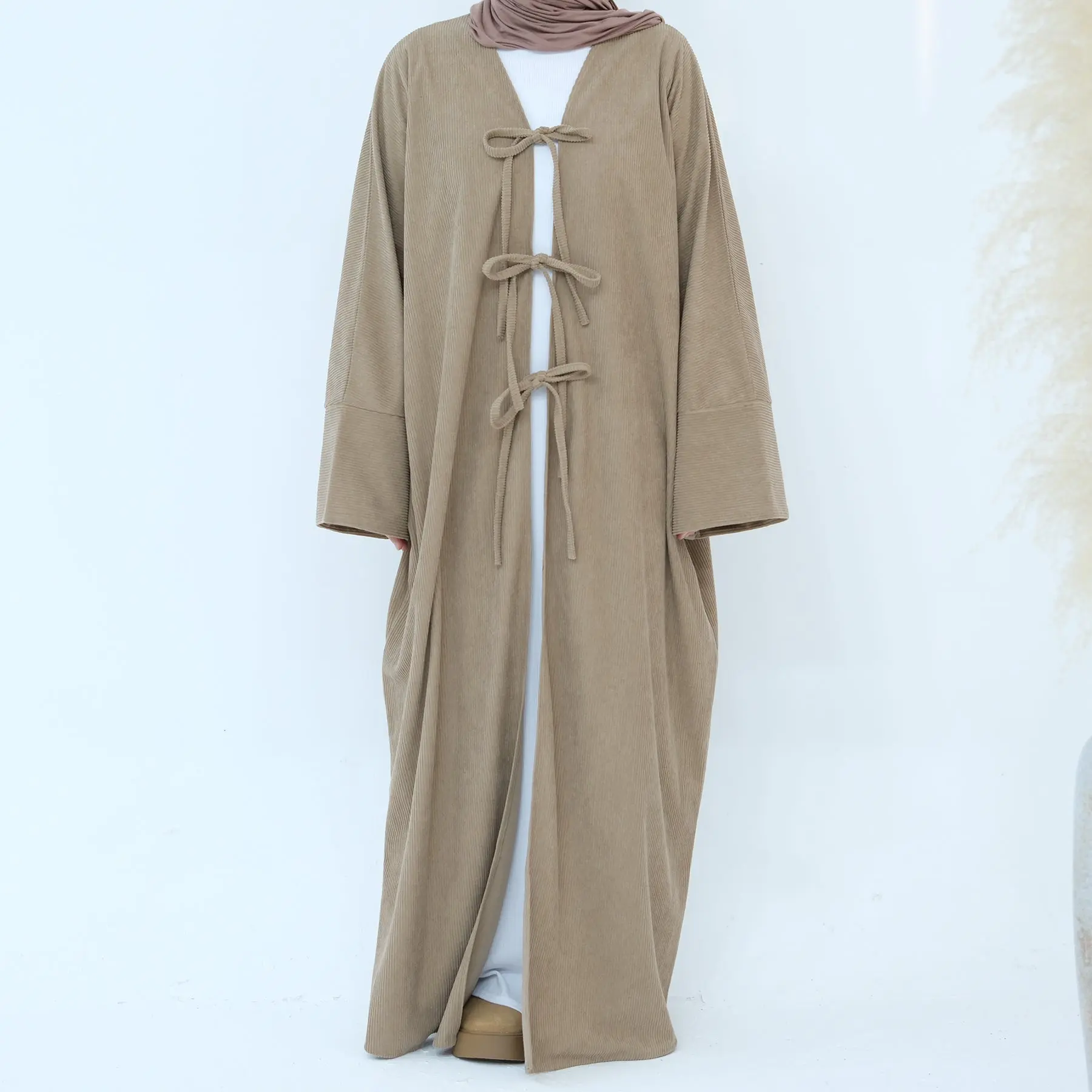 Women's Islamic 100% Cotton Corduroy Open Front Abaya - Modest Outerwear, Loose Casual Elegant Long Sleeve, V-Neck, Adjustable Ties, Minimalist Versatile Design for Autumn Winter Wear, Plain, All Seasons