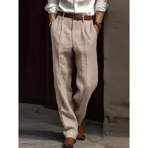 Men's Slim-Fit Black Pants - Solid Color, Pleated Mid-Rise, Straight Leg with Pockets, Button Detail - Ideal for Casual & Office Wear, Machine Washable