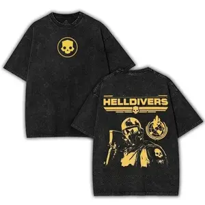 valentine shirts Helldivers 2 Grunge Poster Vintage Washed Tee Unisex Oversize Cotton T-shirt for Game Fans, Graphic Tees graphic tees Top Gaming Retro Black streetwear