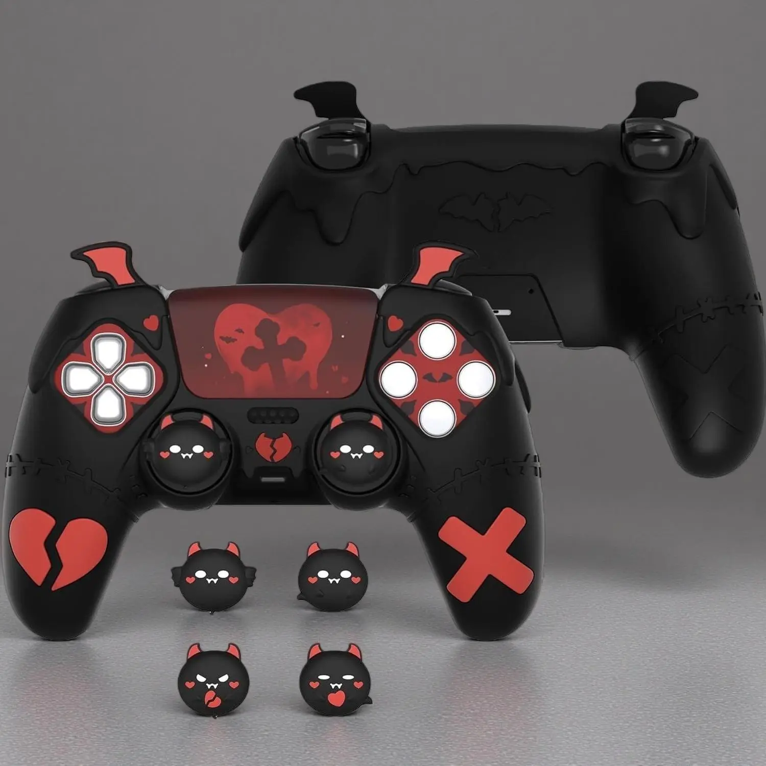P-P Gothic Imp Series PS5 Game Controller Cover - Aesthetic Broken Hearts Durable Silicone Skin with Anti-Slip Grip, 4 Joystick Thumb Grips, 6 Stickers, Charging Station Cutout & Protection (Black) Gaming Accessory