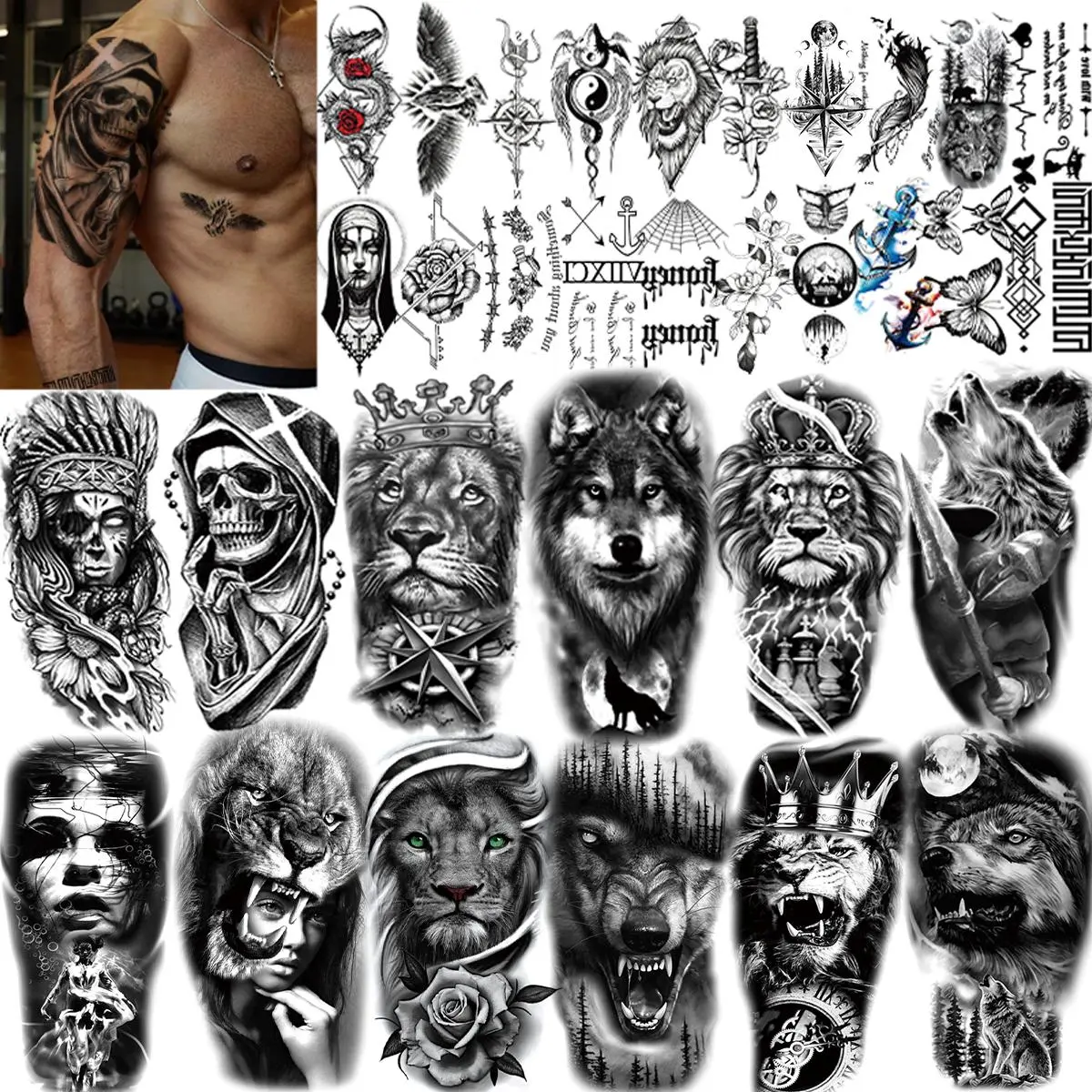 32 Sheets Realistic Temporary Tattoos for Adults, Unisex Waterproof Black Fake Tattoos with Wolf, Dragon, Skull, and Flower Designs, Black Tattoos