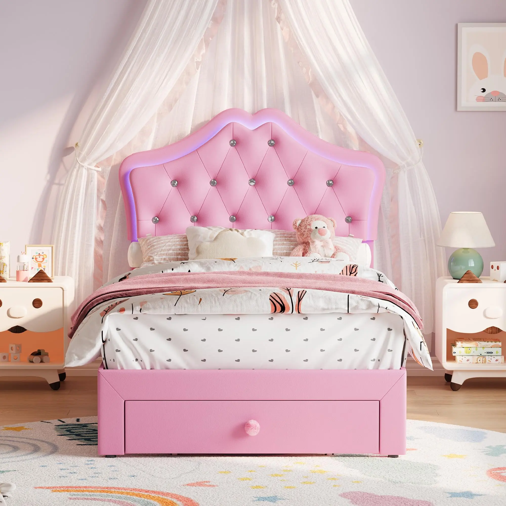Gaomon Twin Pink Velvet Button Tufted Bed Frame - Crystal-Look Button Headboard, Silent Support, Storage Drawer, No Box Spring Needed, LED Lighting, Cozy Plush Top, Glow for Bedtime, Teens' Rooms Indoor Furniture, Assembly Required