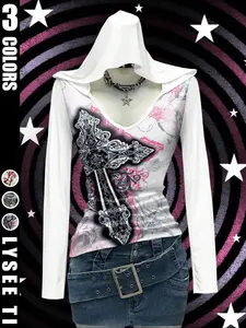 Y2K Retro Trendy Ladies Cross Wings Geometric Rock Print Slim Fit Hooded Sweatshirt