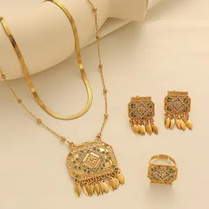 Women Ethnic Style Gold Plated Jewelry Set Square Full Diamond Pendant Necklace Earrings Ring Jewellry
