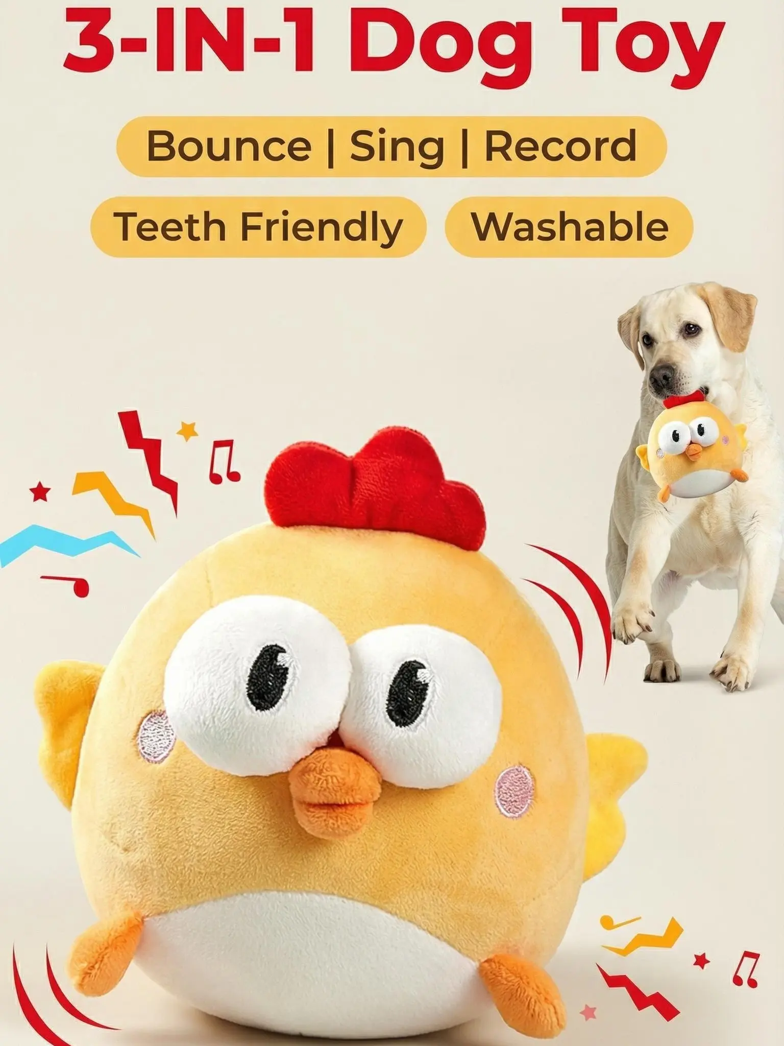 3-in-1 Interactive Ball for Dogs - Soft Plush Cover, Recordable Jumping Music, Rechargeable Motion-Activated, Removable Washable, Boredom Relief Toy for Small-Medium Dogs