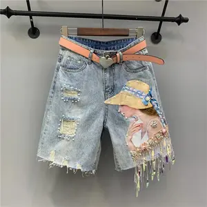 Fashion Beaded Denim Shorts - Pearl Tassels & Diamond Decorations, Loose Wide Leg Distressed Holes Summer Casual Streetwear  baggy jeans Blue Trouser Pants Womenswear Bottom