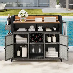 K&K 52.8"W Wicker Outdoor Grill Cart with Extended Plastic Wood Table Top, Rolling Kitchen Island on Wheels with Storage Cabinet, for Patio Backyard Garden Poolside, Double Handle Design, Grey