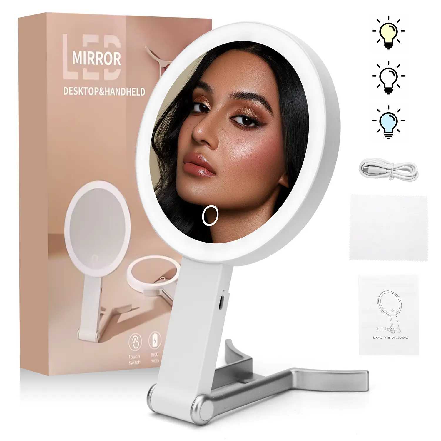 Portable Dual-Sided 1X/10X Glass Vanity Mirror with LED Lighting – Touch Screen, 3 Adjustable Color Modes, Brightness Control, Ideal for Bathrooms, Dorm Rooms, On-the-Go Use, Vanity Mirror With Lights, Backlit Tabletop Mirrors