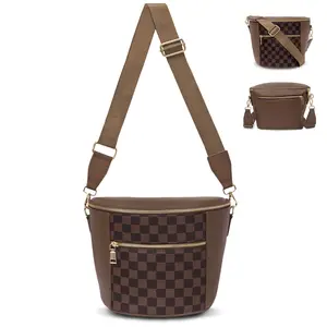 Miss Fong Leather Checkered RFID Crossbody Bag, with RFID Card Slots, Anti-Theft Casual Carry-on Everyday Bag Shoulder Bag Pouch Wallet for Women, for Work Office, School, Travel, Shopping OOTD, Birthday Valentine's Day Gift for Girlfriend