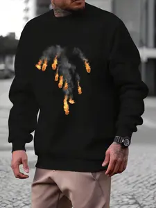 Men's Fire Print Drop Shoulder PJ Sweatshirt, Loose Casual Long Sleeve Round Neck Pullover for Spring & Fall, Fashion Men's Lounge Top