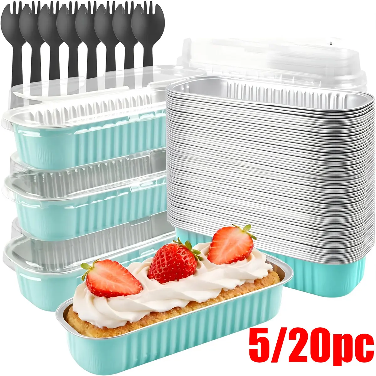 Mini Baking Tray Set with Lid and Spoon, Bakeware, Baking Supplies, Baking Essentials, 6.8oz Mini Cake Pan, Disposable Aluminum Foil Bread Tray, Blue Bread Baking Tray, Small Cake Container with Lid