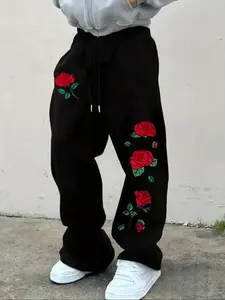 Men's "Red Rose" Gothic Baggy Pants - 3D Red Rose Print Black Wide-Leg Sweatpants, Streetwear with Romantic Goth Accents, Soft Fleece Loose Fit Track Pants, Perfect for Y2K Street Style, Skateboarding and Urban Outfits, Durable Fade Resistant Print