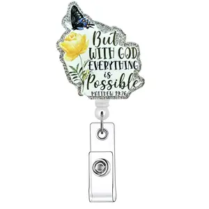 Flower & Butterfly & But With God & Everything is Possible Letter Pattern Retractable Badge Reel, 1 Count Acrylic ID Holder with Clip, Badges Supplies for Nurses Doctors Students Office Staff, Badge Reels Retractable