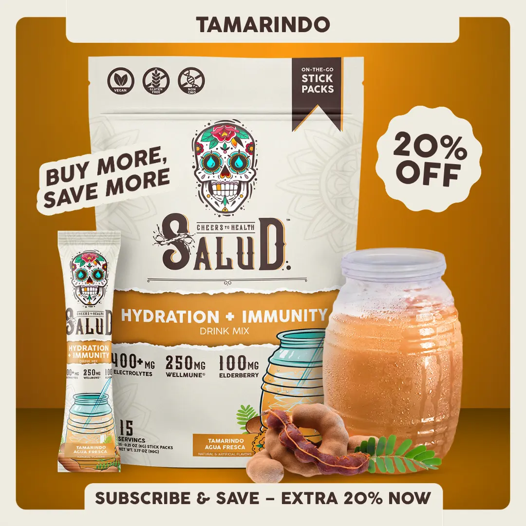 Salud 2-in-1 [Hydration + Immunity - Tamarindo]  Electrolytes Powder, Agua Fresca Drink Mix, Elderberry, Dairy & Soy Free, Non-GMO, Gluten Free, Vegan, Low Calorie, 1g Sugar (15 Servings)