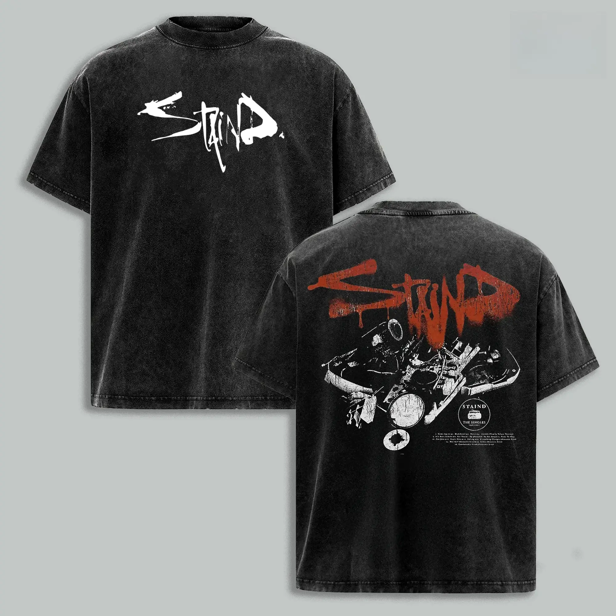 Relaxed-fit vintage washed printed T-shirt featuring double-sided distressed vehicle grunge rock prints by Staind, heavyweight cotton short sleeves for men, retro nu-metal streetwear suitable for daily casual and hip-hop outfits